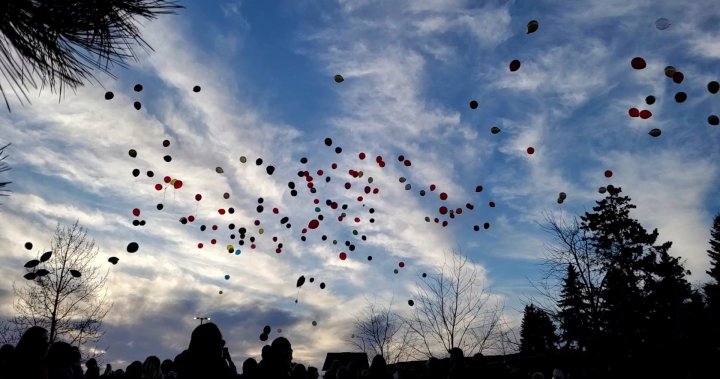 Hundreds of balloons released into the air in Leduc to honour life of slain Alberta teen