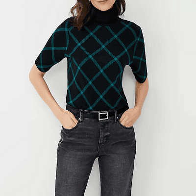 Thursday’s Workwear Report: Plaid Turtleneck Elbow-Sleeve Sweater